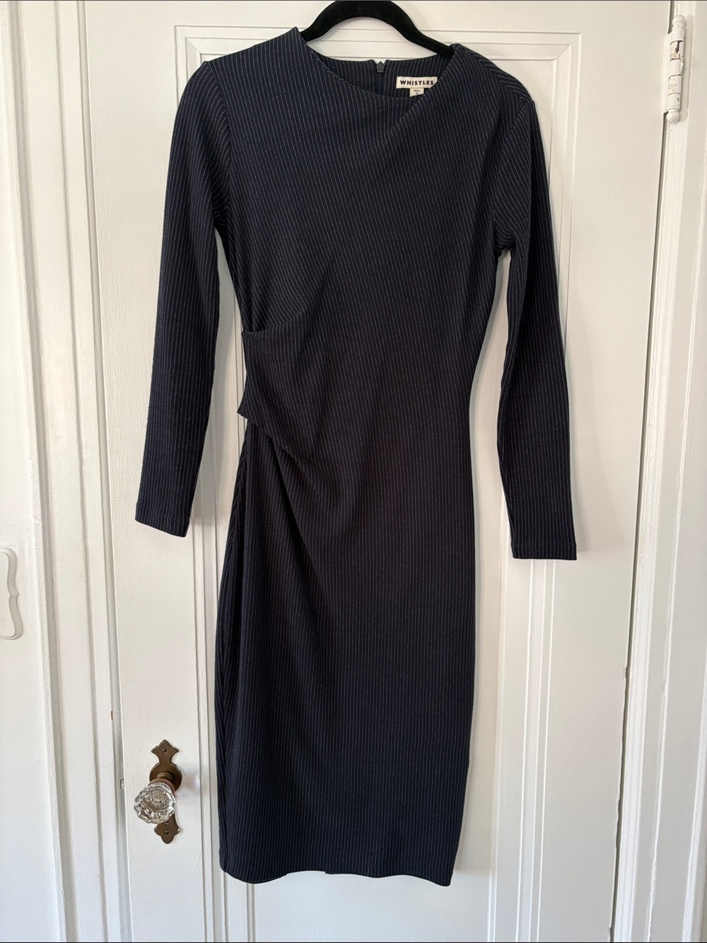 Whistles Navy Pinstriped Long Sleeve Midi Dress with Asymmetric Draping